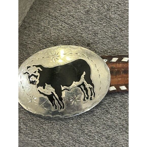 Vintage Tooled Stitched Western Cowboy Leather Belt - Picture 2 of 12